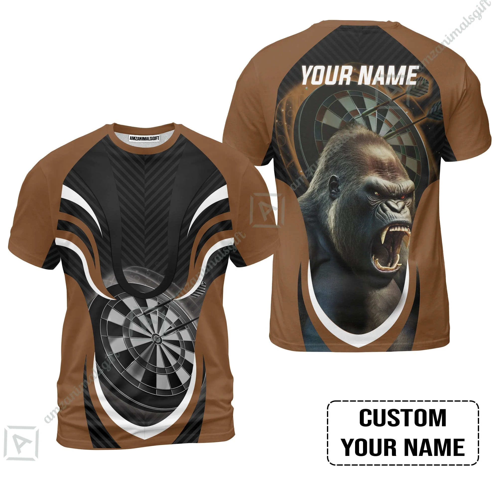 Gorilla And Darts Custom Name Hawaiian Shirt, Bullseye Dartboard Brown Personalized Hawaiian Shirt - Image 8