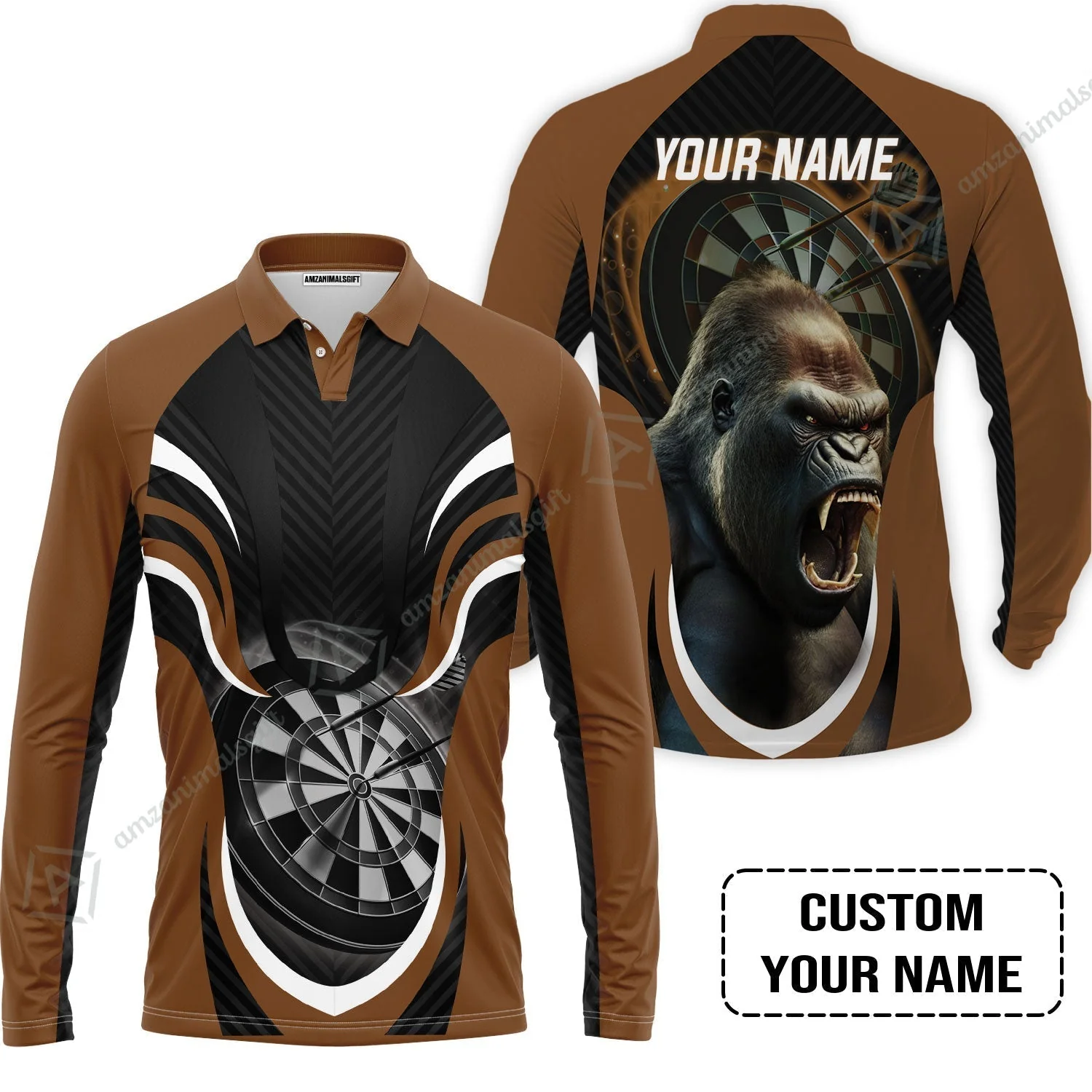 Gorilla And Darts Custom Name Sweatshirt, Bullseye Dartboard Brown Personalized Sweatshirt - Image 5