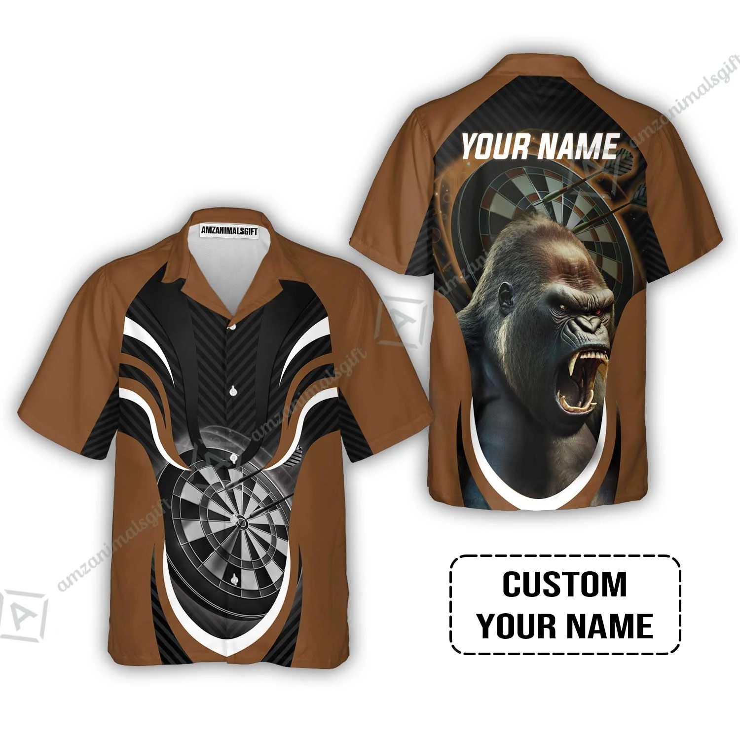 Gorilla And Darts Custom Name T-Shirt, Bullseye Dartboard Brown Personalized T-Shirt - Image 3