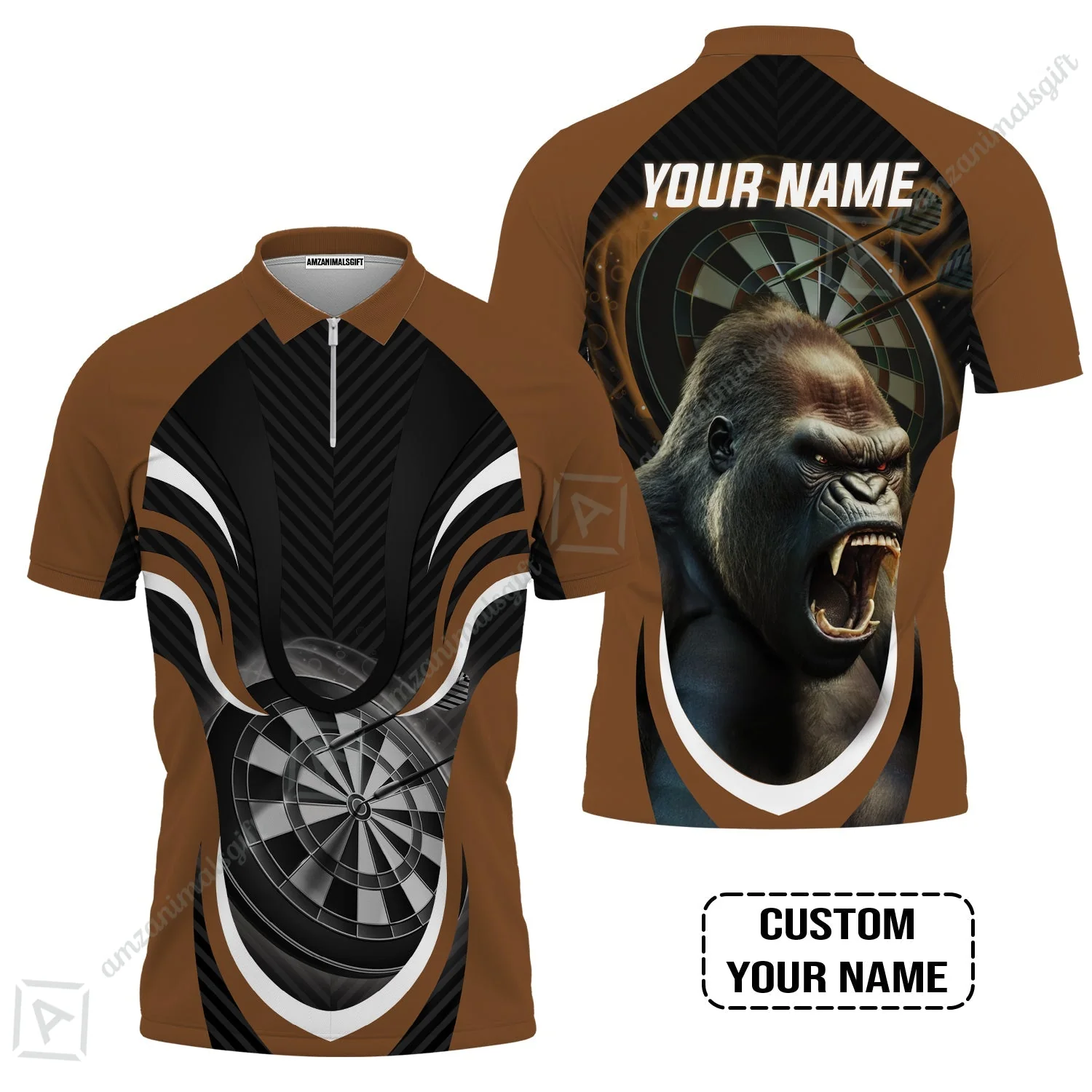 Gorilla And Darts Custom Name Zip Polo Shirt, Bullseye Dartboard Brown Personalized Zip Polo Shirt