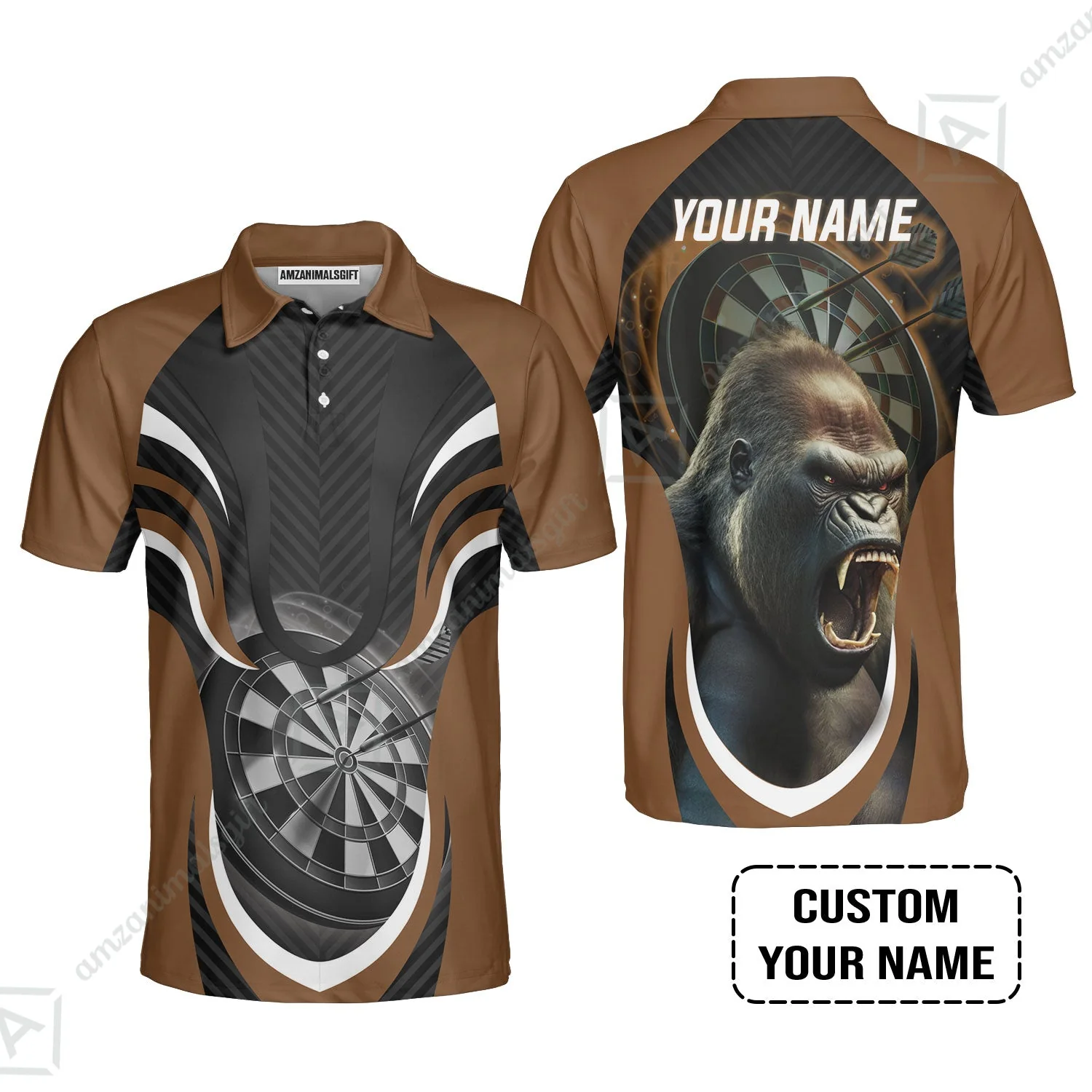 Gorilla And Darts Custom Name Zip Polo Shirt, Bullseye Dartboard Brown Personalized Zip Polo Shirt - Image 4