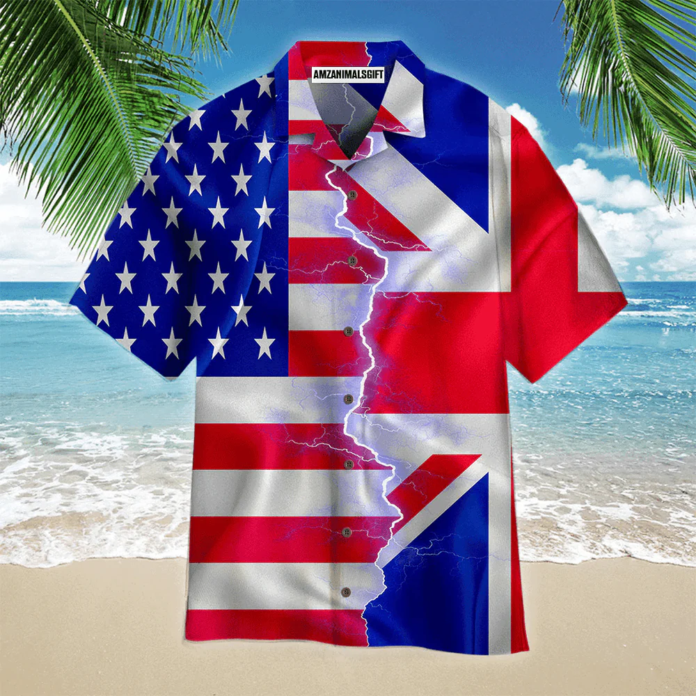 Great Britain Flag American Flag On Thunder Zipper Aloha Hawaiian Shirts For Men Women, 4th Of July Gift For Summer, Friend, Family, Independence Day - Image 2