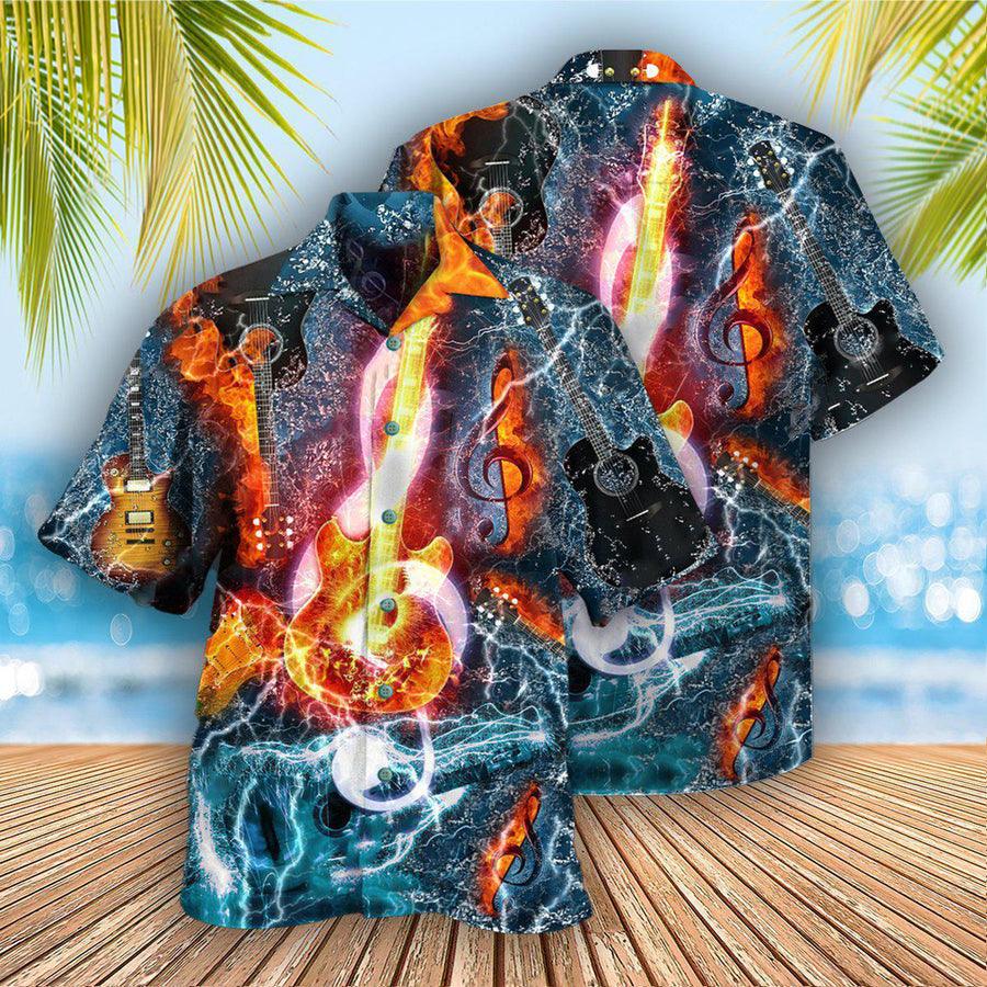 Guitar And Water Aloha Hawaiian Shirt For Summer, Guitar Hawaiian Shirts Matching Outfit For Men Women, Music Guitar Lovers