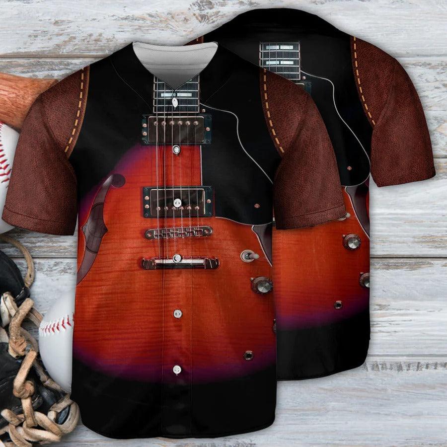 Guitar Baseball Jersey, Guitar Red Leather Style Vintage Vibe Baseball Jersey For Men And Women - Perfect Gift For Guitar Lovers, Music Lovers