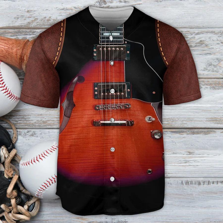 Guitar Baseball Jersey, Guitar Red Leather Style Vintage Vibe Baseball Jersey For Men And Women - Perfect Gift For Guitar Lovers, Music Lovers - Image 2