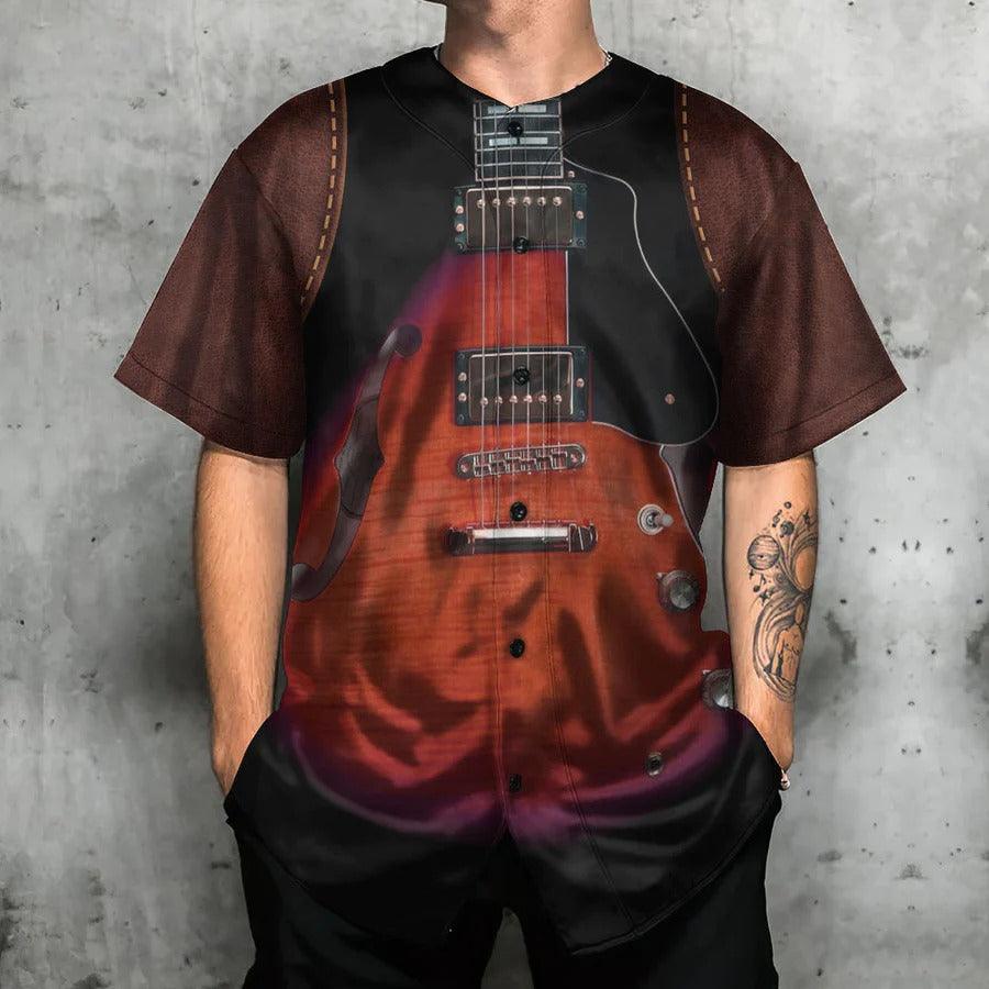 Guitar Baseball Jersey, Guitar Red Leather Style Vintage Vibe Baseball Jersey For Men And Women - Perfect Gift For Guitar Lovers, Music Lovers - Image 3