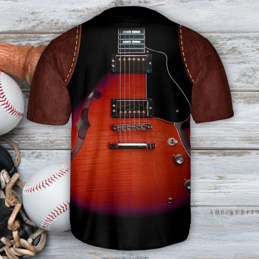 Guitar Baseball Jersey, Guitar Red Leather Style Vintage Vibe Baseball Jersey For Men And Women - Perfect Gift For Guitar Lovers, Music Lovers - Image 4