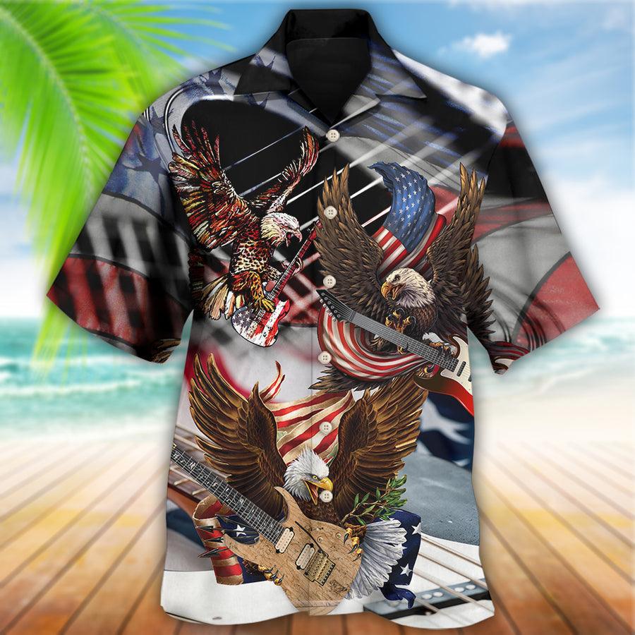 Guitar Eagle Independence Day American Flag Aloha Hawaiian Shirt For Summer, Guitar Hawaiian Shirts Matching Outfit For Men Women, Music Guitar Lover