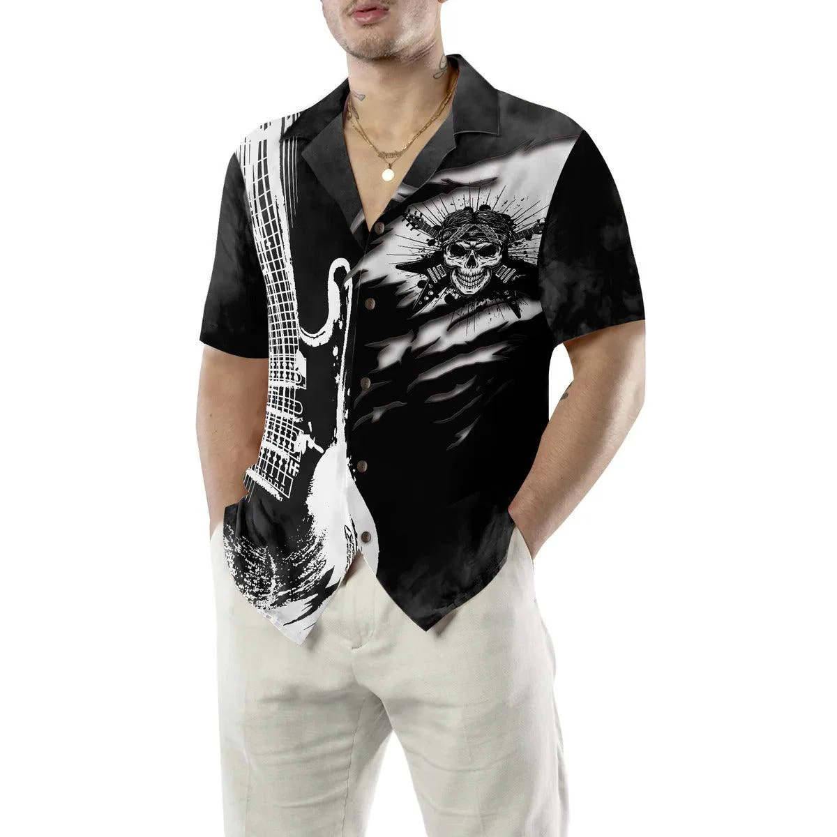 Guitar Hawaiian Shirt, Guitar And Skull Hawaii Aloha Shirt, Guitar Hawaiian Shirt For Summer- Perfect Gift For Men, Women, Music Lover, Friend, Family - Image 4