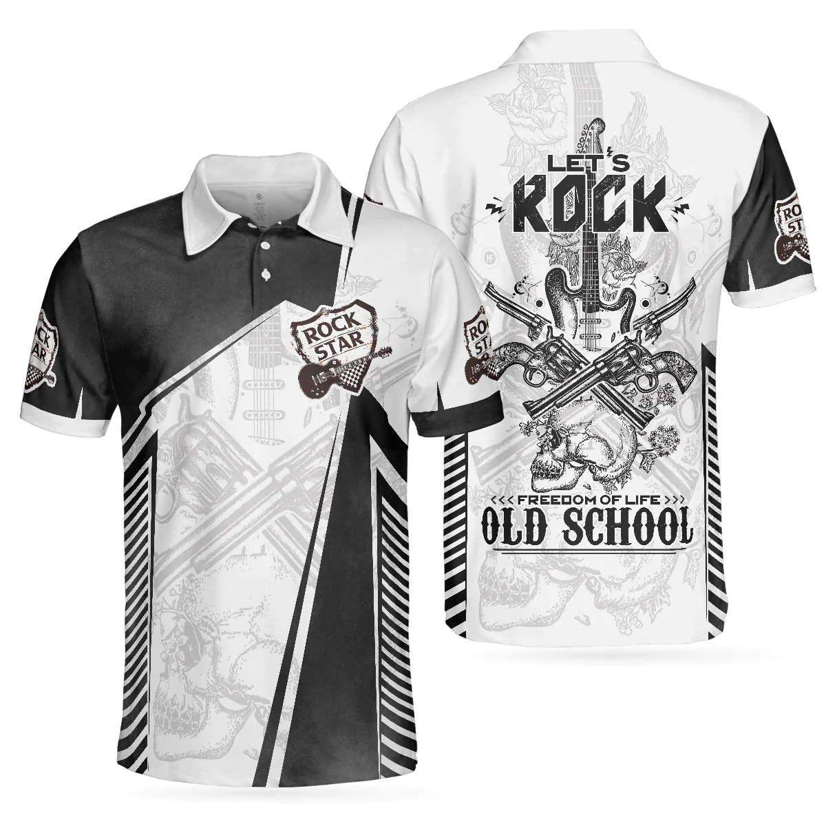 Guitar Men Polo Shirt, Black And White Guitar Polo Shirt, Let's Rock Freedom Of Life Old School Shirt For Men - Gift For Guitar Lovers, Music Lovers