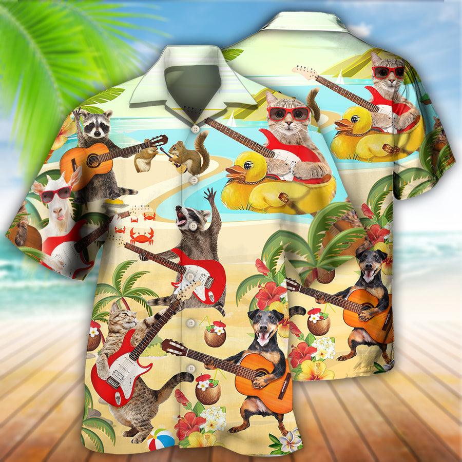 Guitar Pet Animal Aloha Hawaiian Shirt For Summer, Guitar Music Animals With Flower Hawaiian Shirts Outfit For Men Women, Music Guitar Lovers