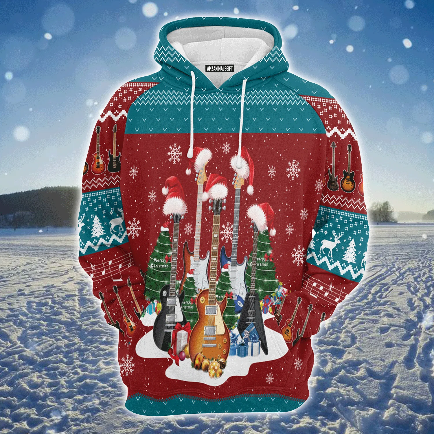 Guitar Premium Christmas Hoodie, Guitar Christmas Unisex Hoodie For Men & Women - Perfect Gift For Christmas, Guitar Lover, Family - Image 2