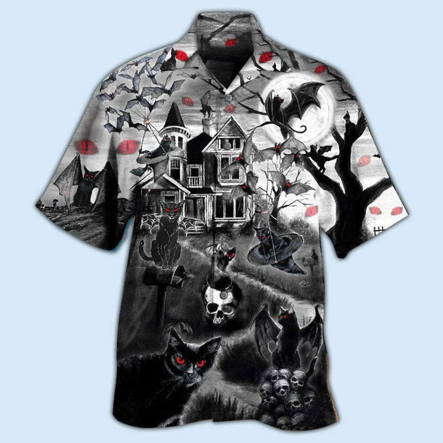 Halloween Black Cat Hawaiian Shirt, Black Cat Flying Horror Night Halloween Aloha Shirt For Men & Women - Halloween Gift For Members Family, Friends - Image 3