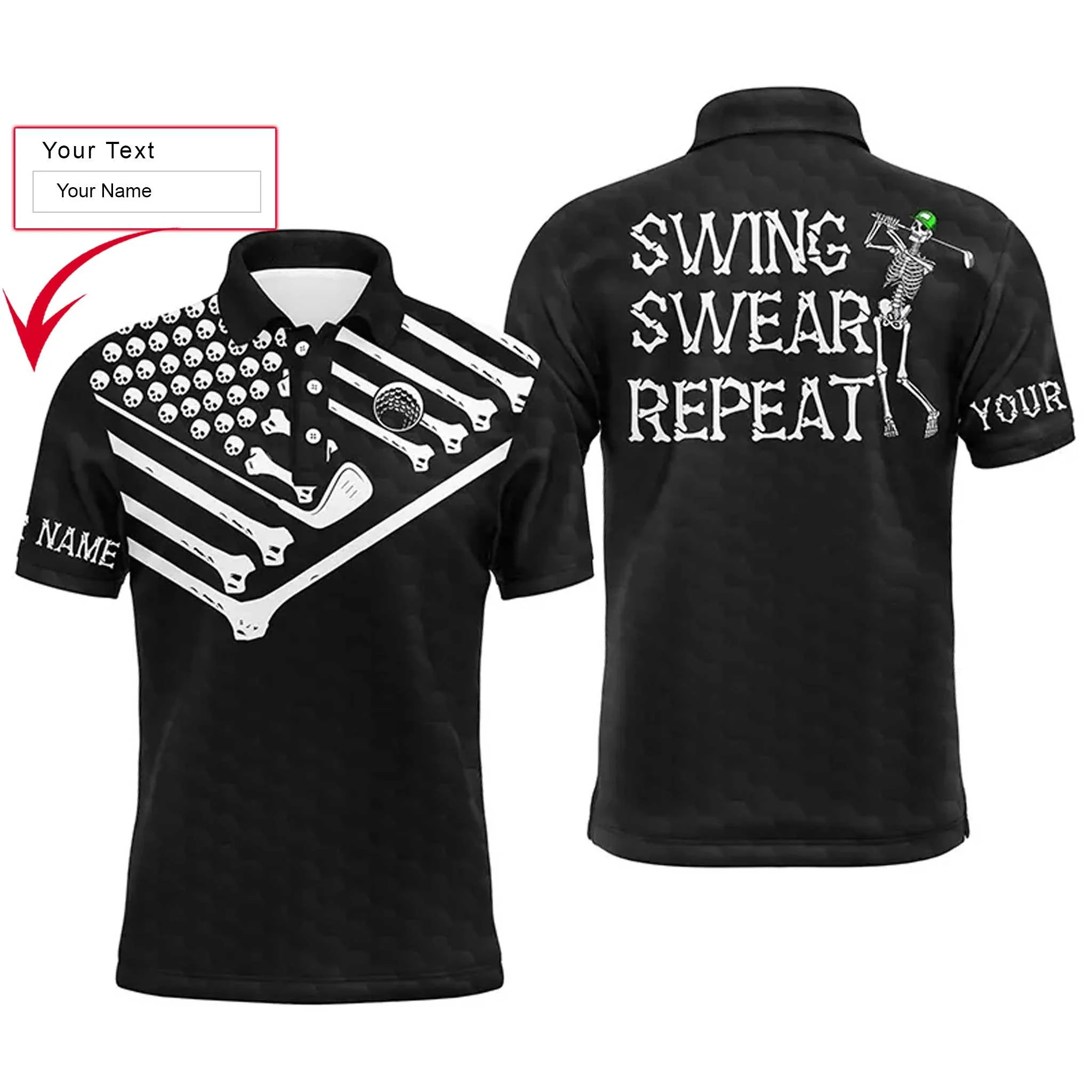 Halloween Golf Men Polo Shirt - Skeleton American Flag Custom Name Black White Apparel - Swing Swear Repeat - Personalized Gift For Golf Lover, Men