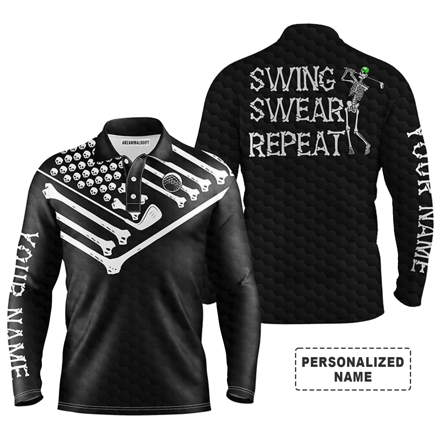 Halloween Golf Men Polo Shirt - Skeleton American Flag Custom Name Black White Apparel - Swing Swear Repeat - Personalized Gift For Golf Lover, Men - Image 2