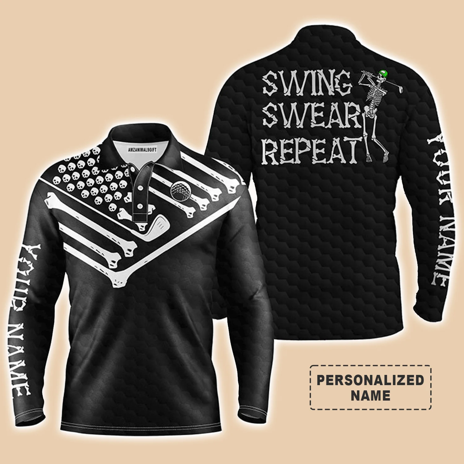 Halloween Golf Men Polo Shirt - Skeleton American Flag Custom Name Black White Apparel - Swing Swear Repeat - Personalized Gift For Golf Lover, Men - Image 3