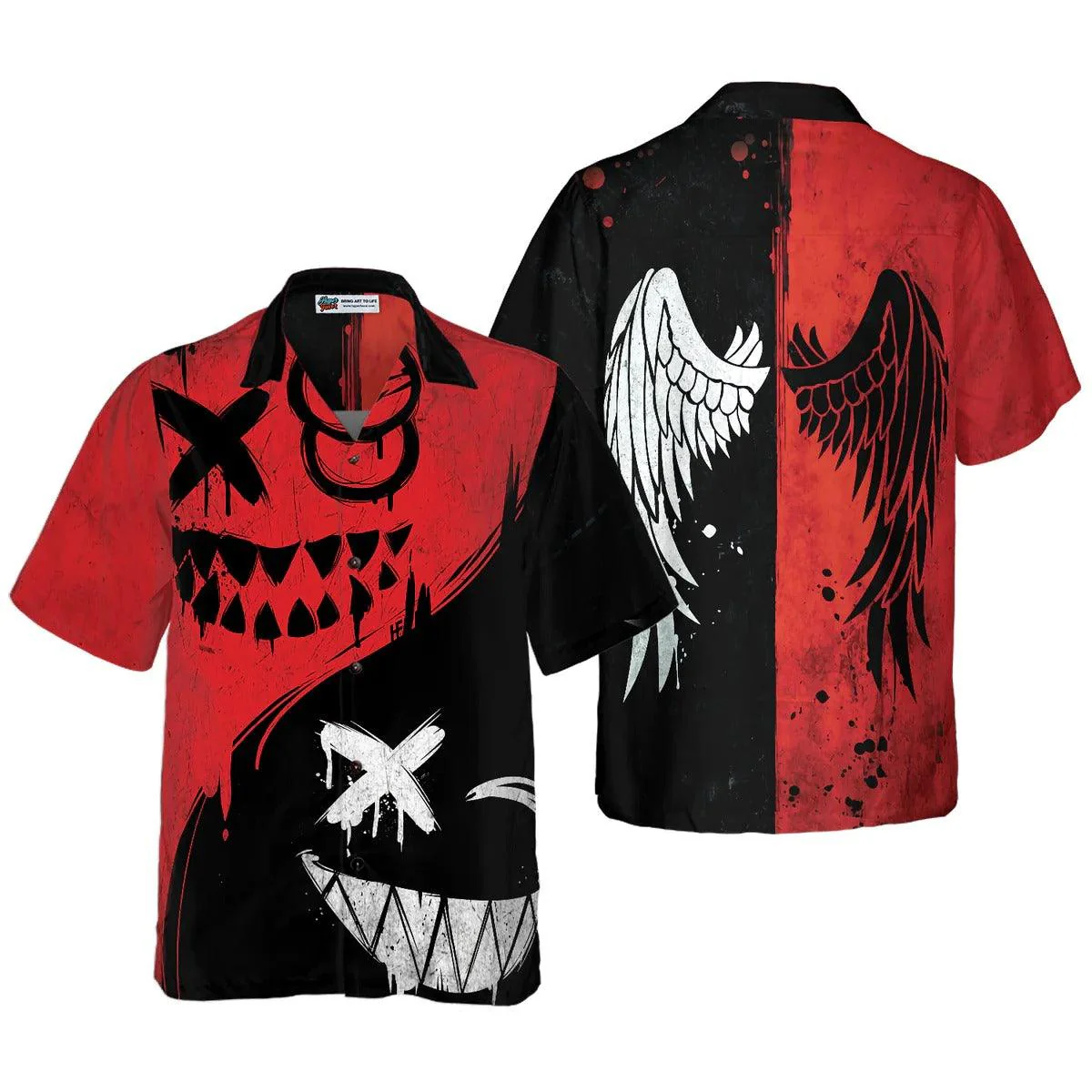 Halloween Hawaiian Shirt - Evil Smile Hawaiian Shirt, Black And White Angle Wing Hawaiian Shirt - Perfect Gift For Lover, Friend, Family