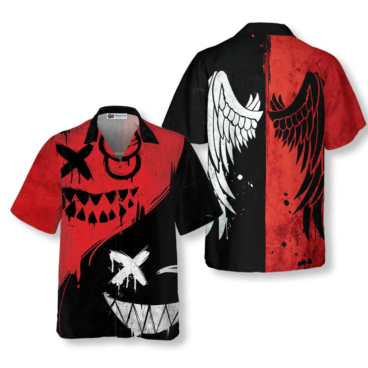 Halloween Hawaiian Shirt - Evil Smile Hawaiian Shirt, Black And White Angle Wing Hawaiian Shirt - Perfect Gift For Lover, Friend, Family - Image 6