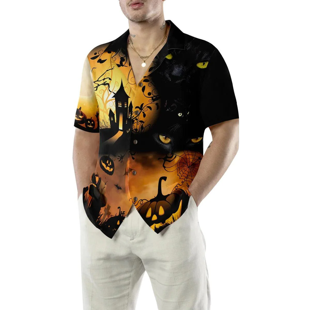 Halloween Night Hawaiian Shirt, Black Cat And Pumpkin Hawaiian Shirt - Gift For Lover, Friend, Family - Image 3