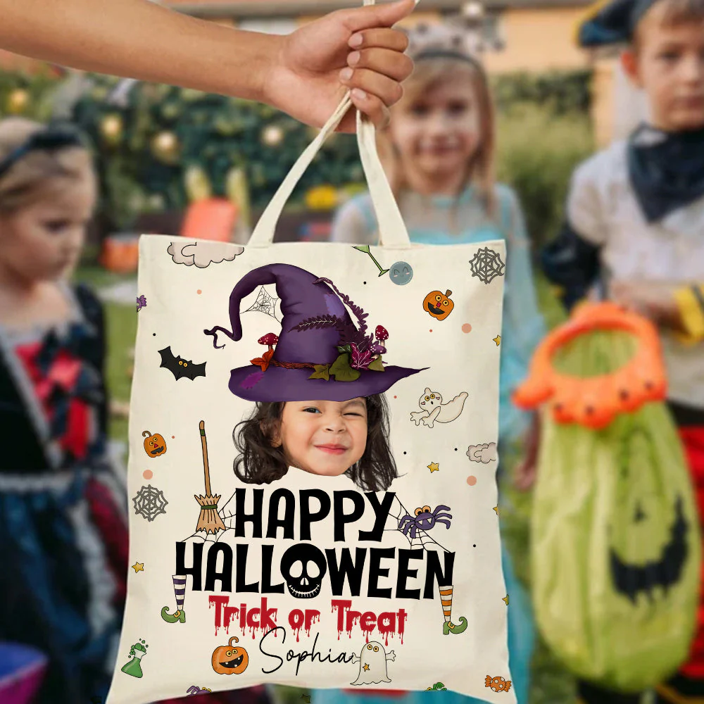 Halloween Tote Bag Customized Photo And Name Trick Or Treat, Perfect Halloween Gift For Son, Daughter, Grandson, Granddaughter - Image 2