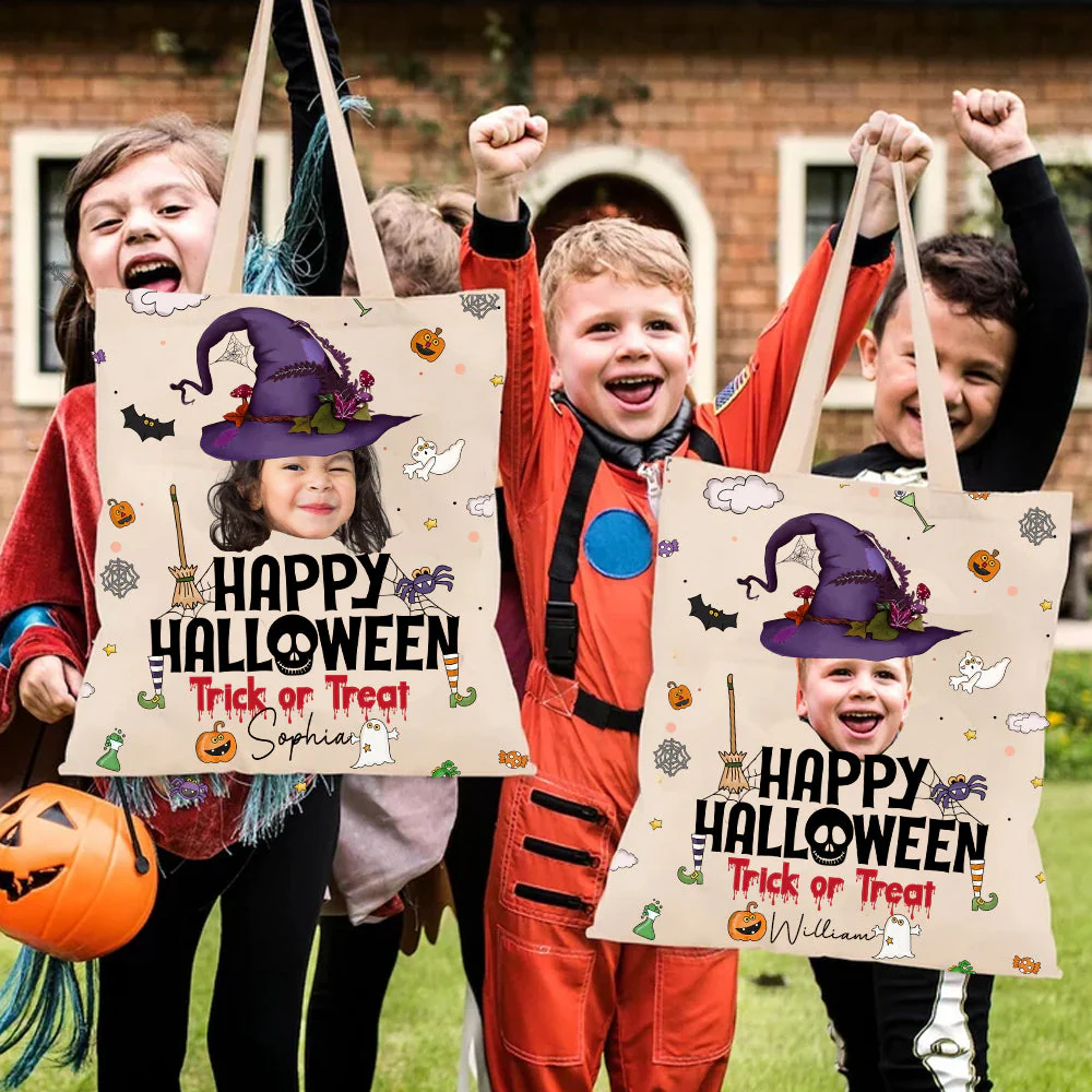 Halloween Tote Bag Customized Photo And Name Trick Or Treat, Perfect Halloween Gift For Son, Daughter, Grandson, Granddaughter - Image 3