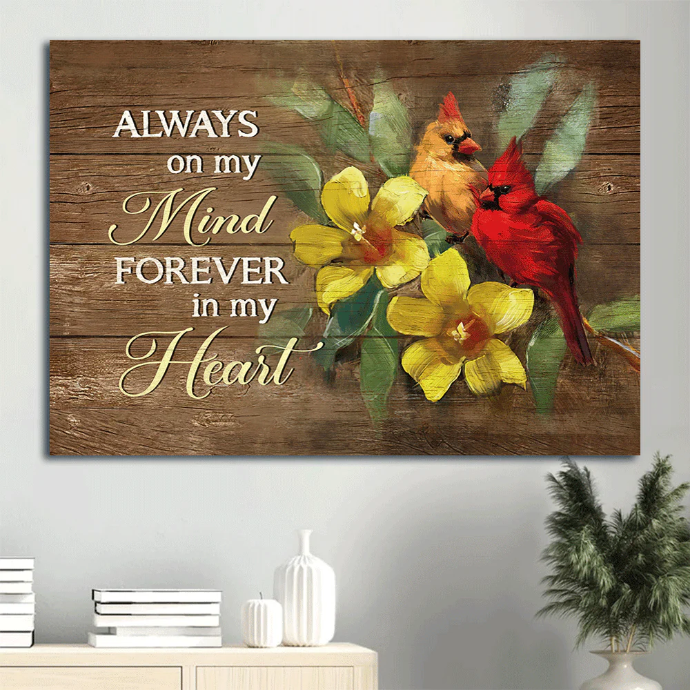 Heaven Landscape Canvas - Yellow Bell Flower, Watercolor Cardinal Memorial Canvas - Always On My Mind- Memorial Gift For Member Family