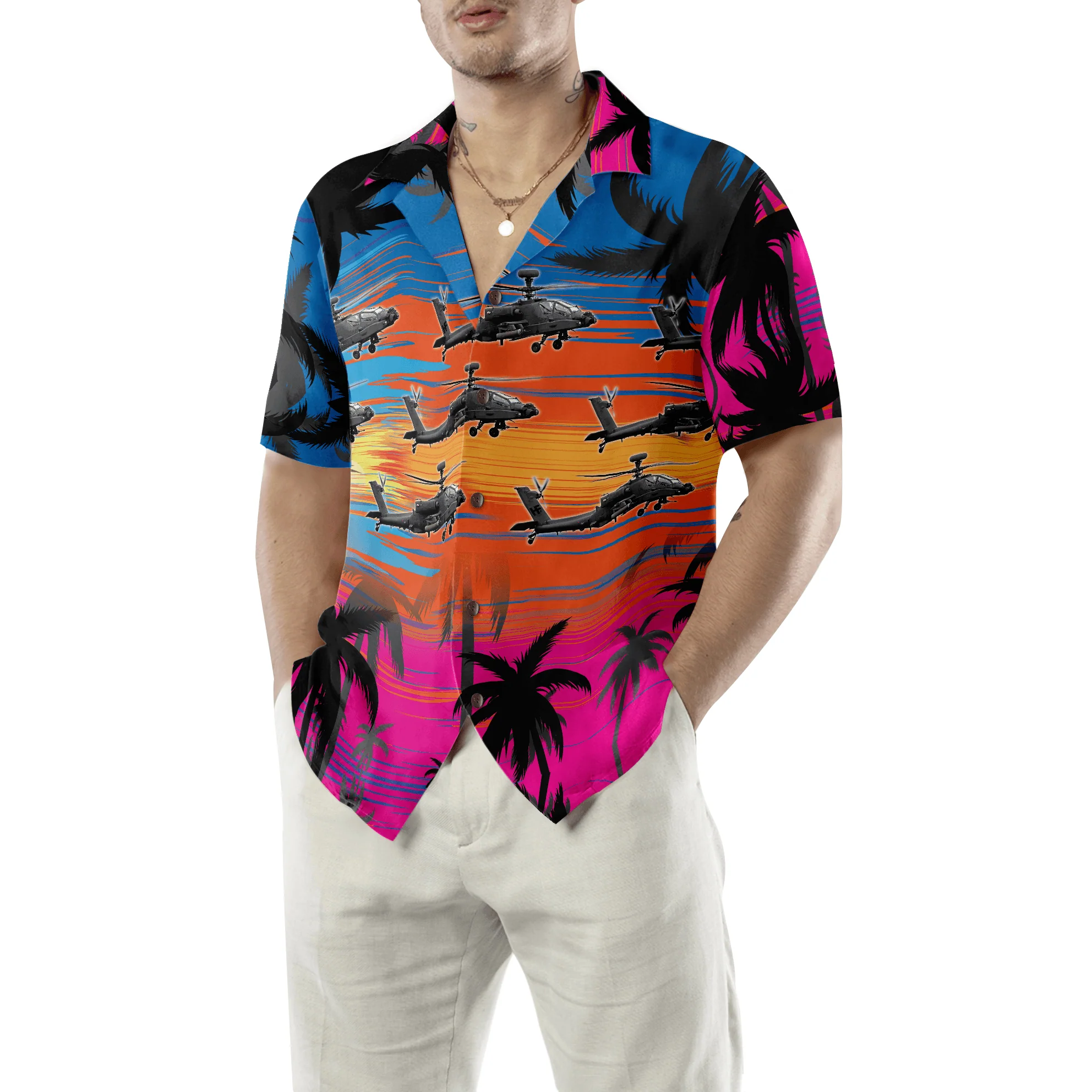 Helicopter Flies Dawn Sky Aloha Hawaiian Shirt For Summer, Colorful Shirt For Men Women, Perfect Gift For Friend, Team, Family, Helicopter Lovers - Image 5