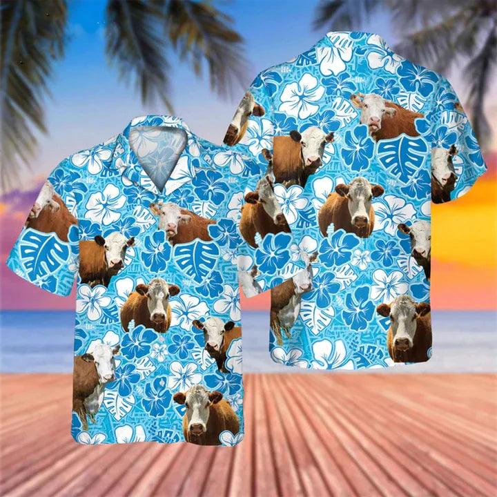 Hereford Blue Floral Cow Hawaiian Shirt - Perfect Gift For Friend, Family