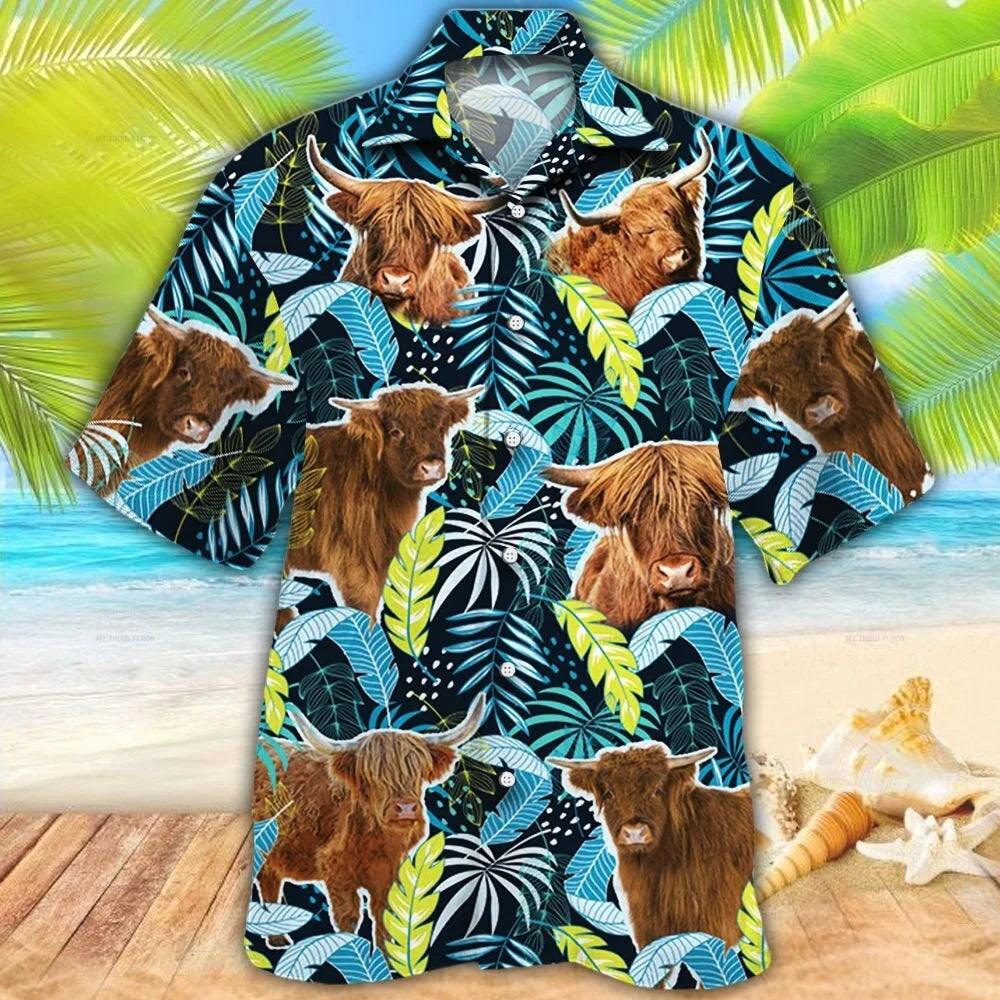 Highland Cattle Lovers Jungle Leaves Hawaiian Shirt - Perfect Gift For Friend, Family