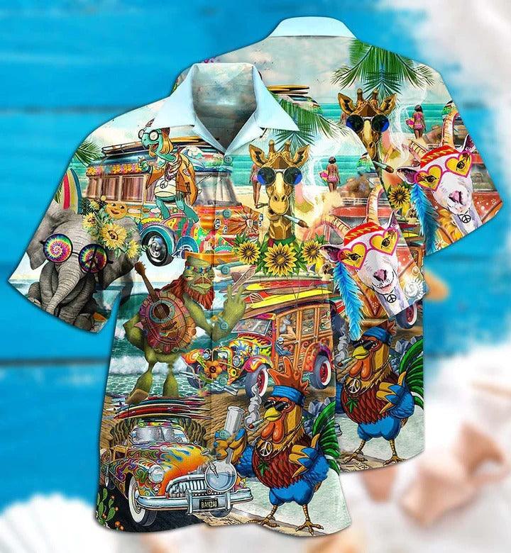Hippie Aloha Hawaiian Shirt - Hippie Funny Animals Happy Together Love Beach Hawaiian Shirt For Summer - Perfect Gift For Friend, Family