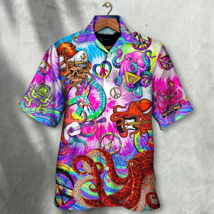Hippie Aloha Hawaiian Shirt - Hippie Funny Octopus Colorful Happy Tie Dye Art Style Hawaiian Shirt For Summer - Perfect Gift For Friend, Family