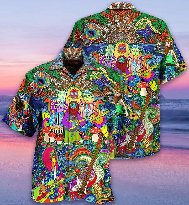 Hippie Aloha Hawaiian Shirt - Hippie Music Electric Guitar Colorful Style Hawaiian Shirt For Summer - Perfect Gift For Friend, Family