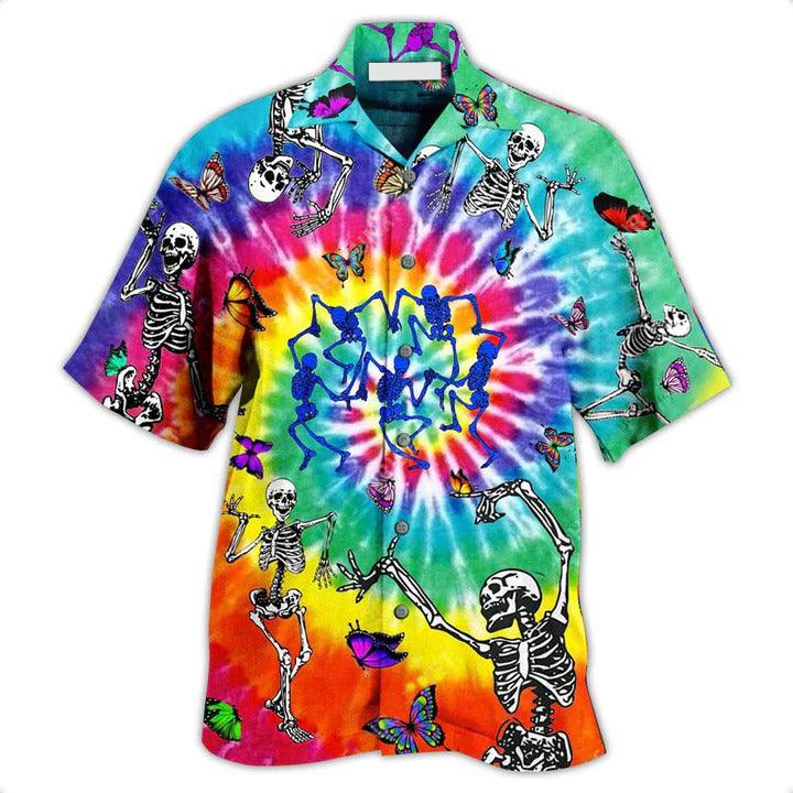 Hippie Aloha Hawaiian Shirt - Hippie Skull Dancing With Butterfly Funny Hawaiian Shirt For Summer - Perfect Gift For Friend, Family