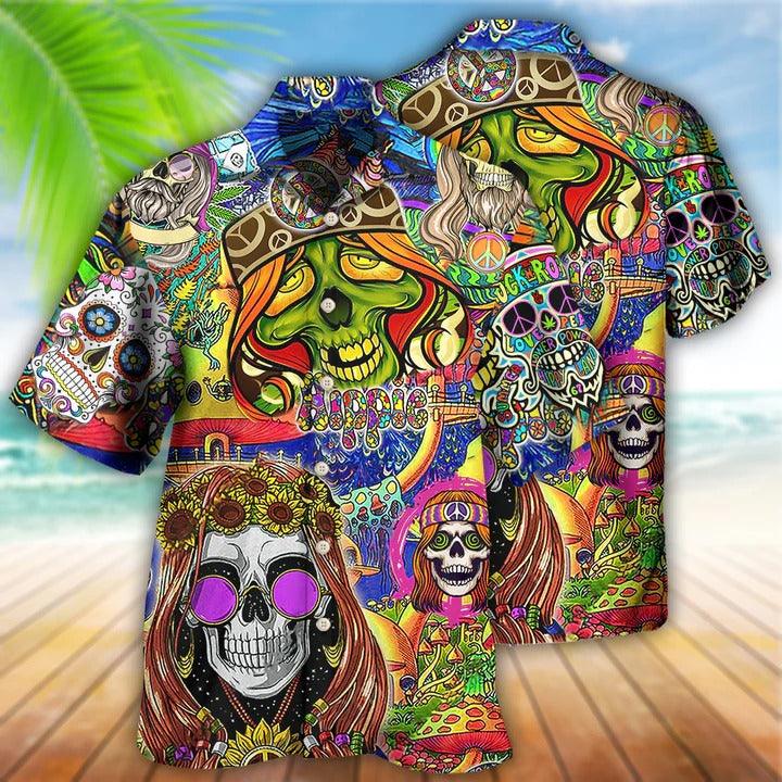 Hippie Aloha Hawaiian Shirt - Hippie Skull Rock And Roll Hawaiian Shirt For Summer - Perfect Gift For Friend, Family