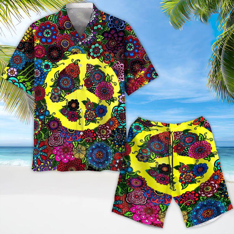 Hippie Aloha Hawaiian Shirts For Summer, Hippie Peace Flowers Hippie Style Hawaiian Set For Men Women, Best Gift For Friend, Hippie Lovers