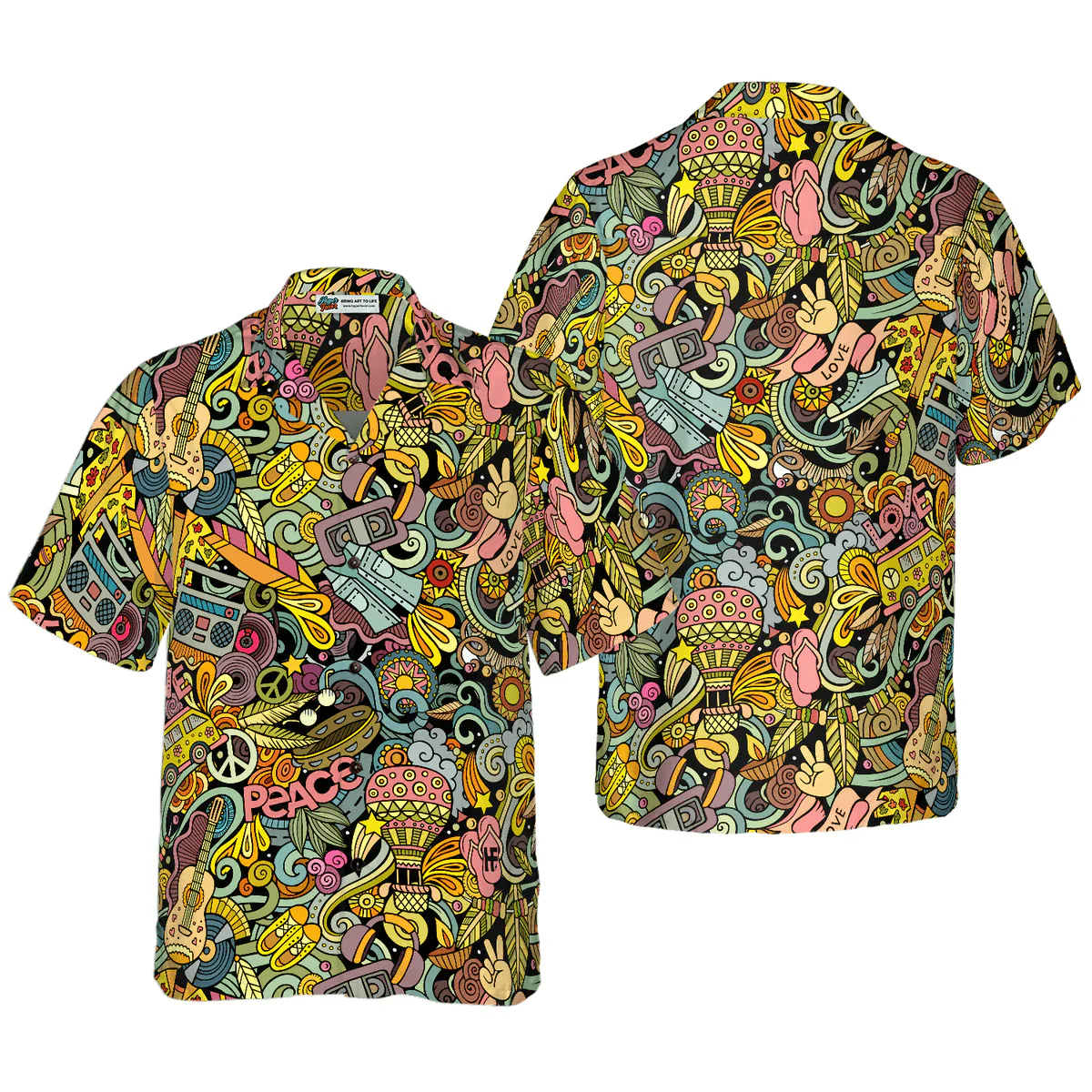 Hippie Hawaiian Shirt - Hippie Style Doodles Illustration Hawaiian Shirt - Perfect Gift For Husband, Boyfriend, Friend, Family
