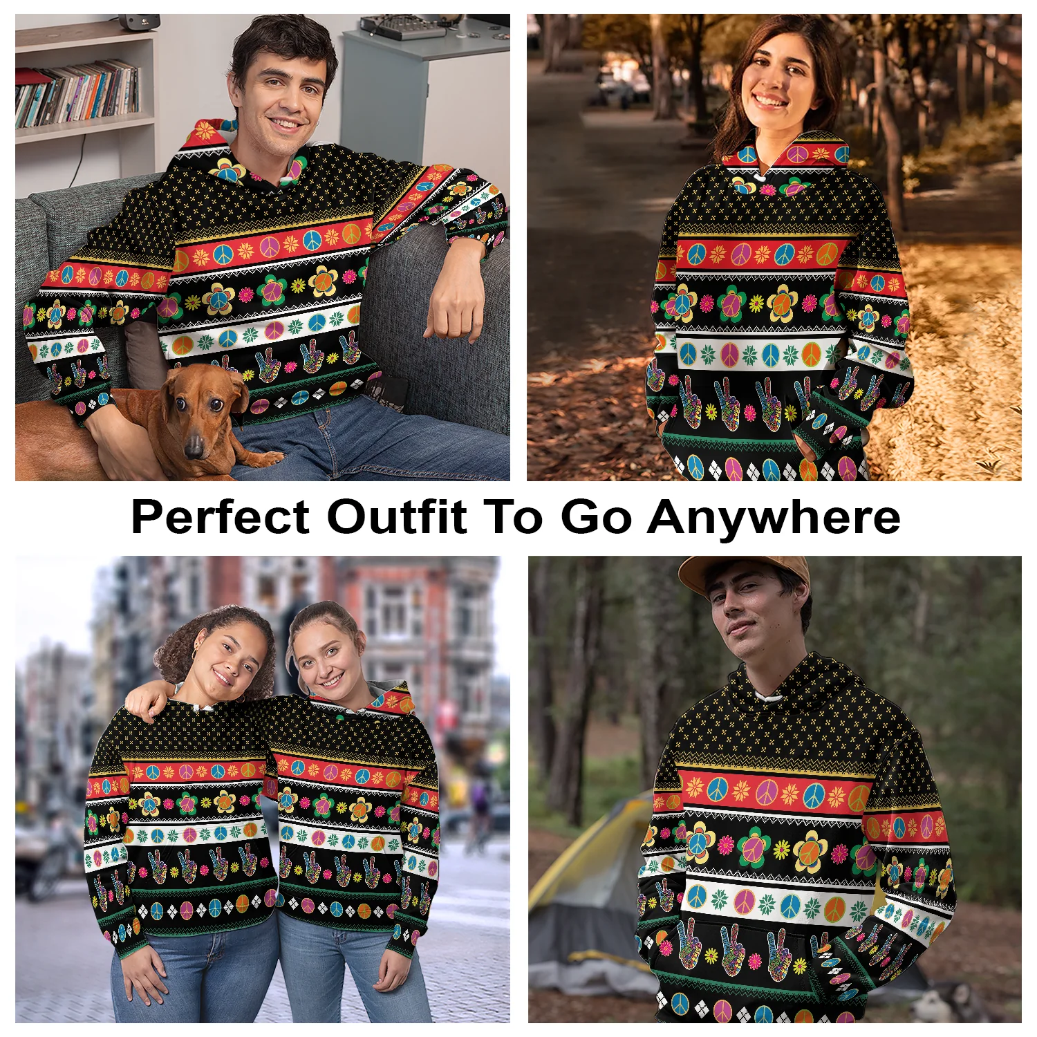 Hippie Peace Sign Christmas Pullover Premium Hoodie, Perfect Outfit For Men And Women On Christmas New Year Autumn Winter - Image 3