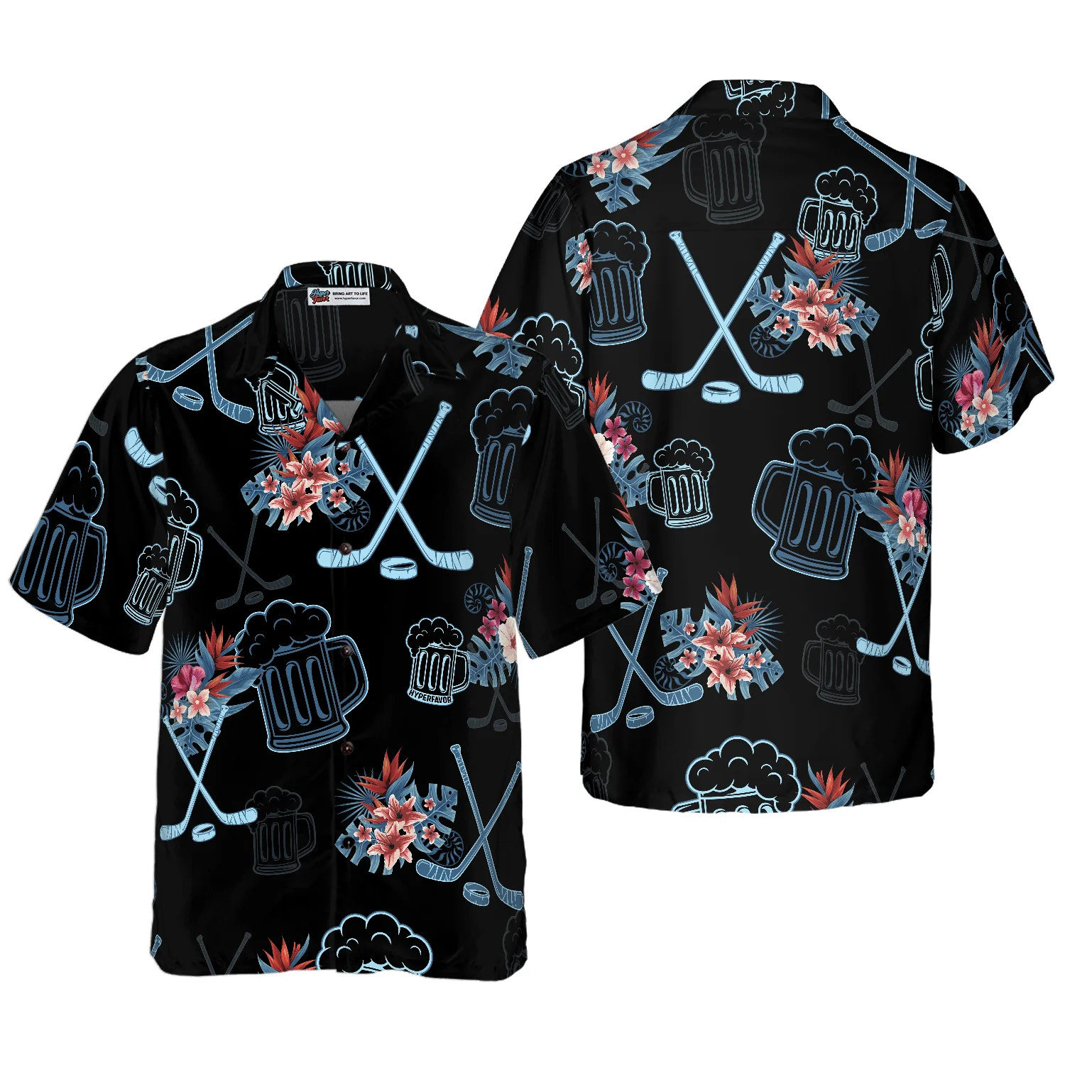 Hockey & Beer Tropical Black Background Aloha Hawaiian Shirt For Summer, Colorful Shirt For Men Women, Perfect Gift For Friend, Team, Family
