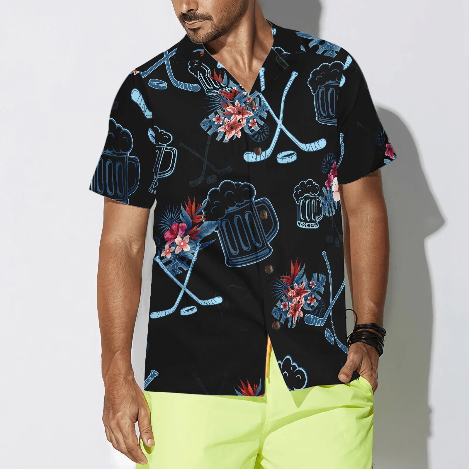 Hockey & Beer Tropical Black Background Aloha Hawaiian Shirt For Summer, Colorful Shirt For Men Women, Perfect Gift For Friend, Team, Family - Image 4