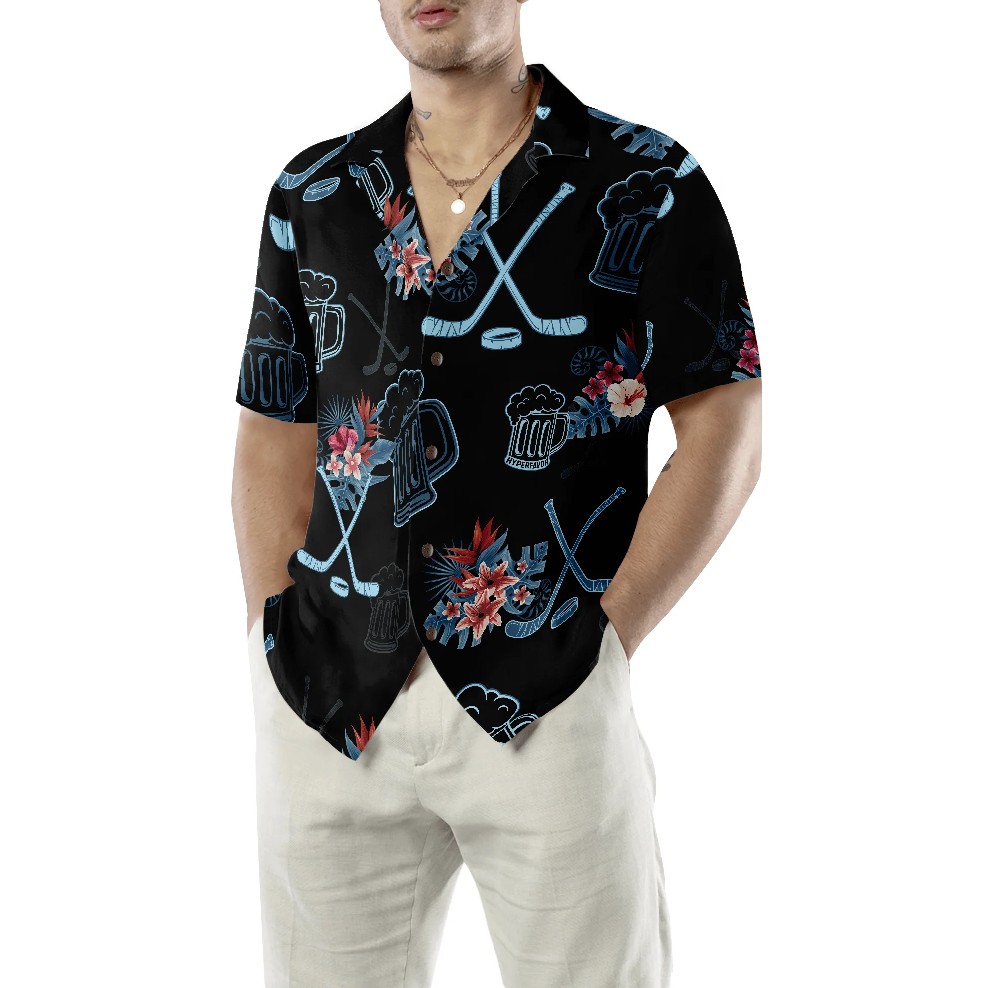 Hockey & Beer Tropical Black Background Aloha Hawaiian Shirt For Summer, Colorful Shirt For Men Women, Perfect Gift For Friend, Team, Family - Image 5