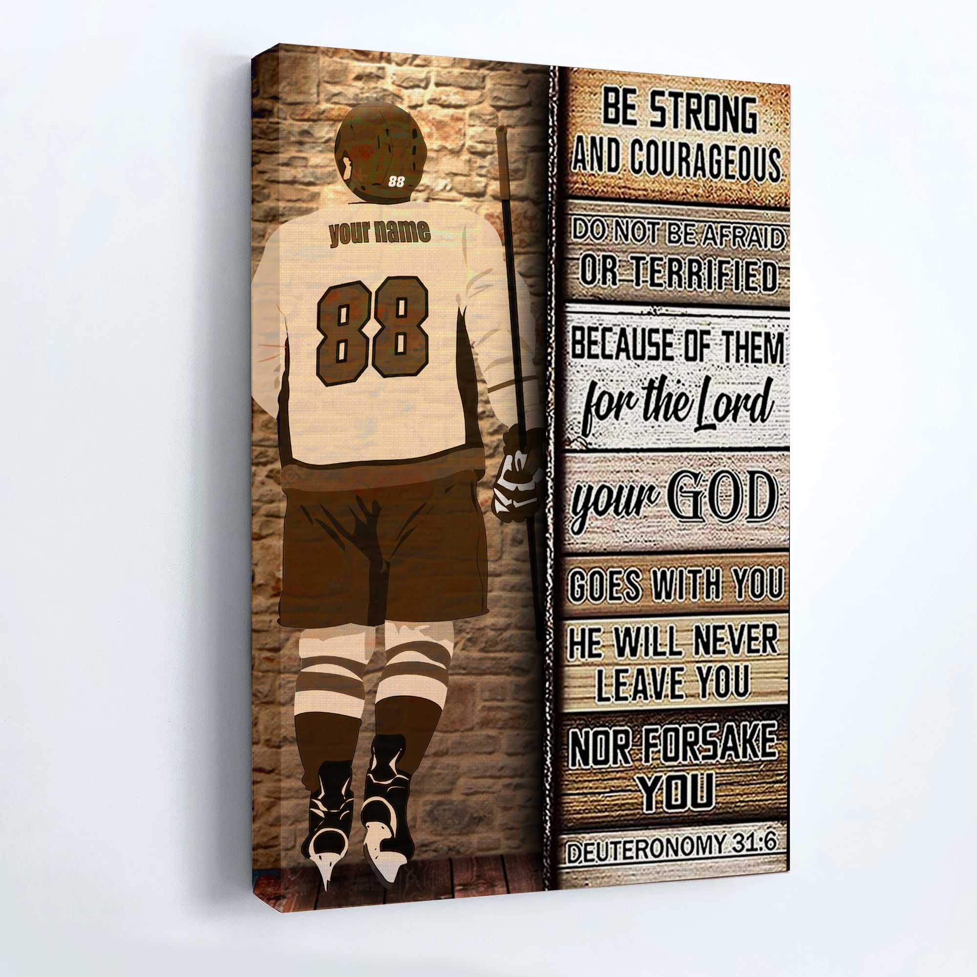 Hockey Portrait Canvas Custom Name and Number - Be Strong and Courageous Premium Wrapped Canvas - Gift For Hockey Players, Family, Friends - Image 2