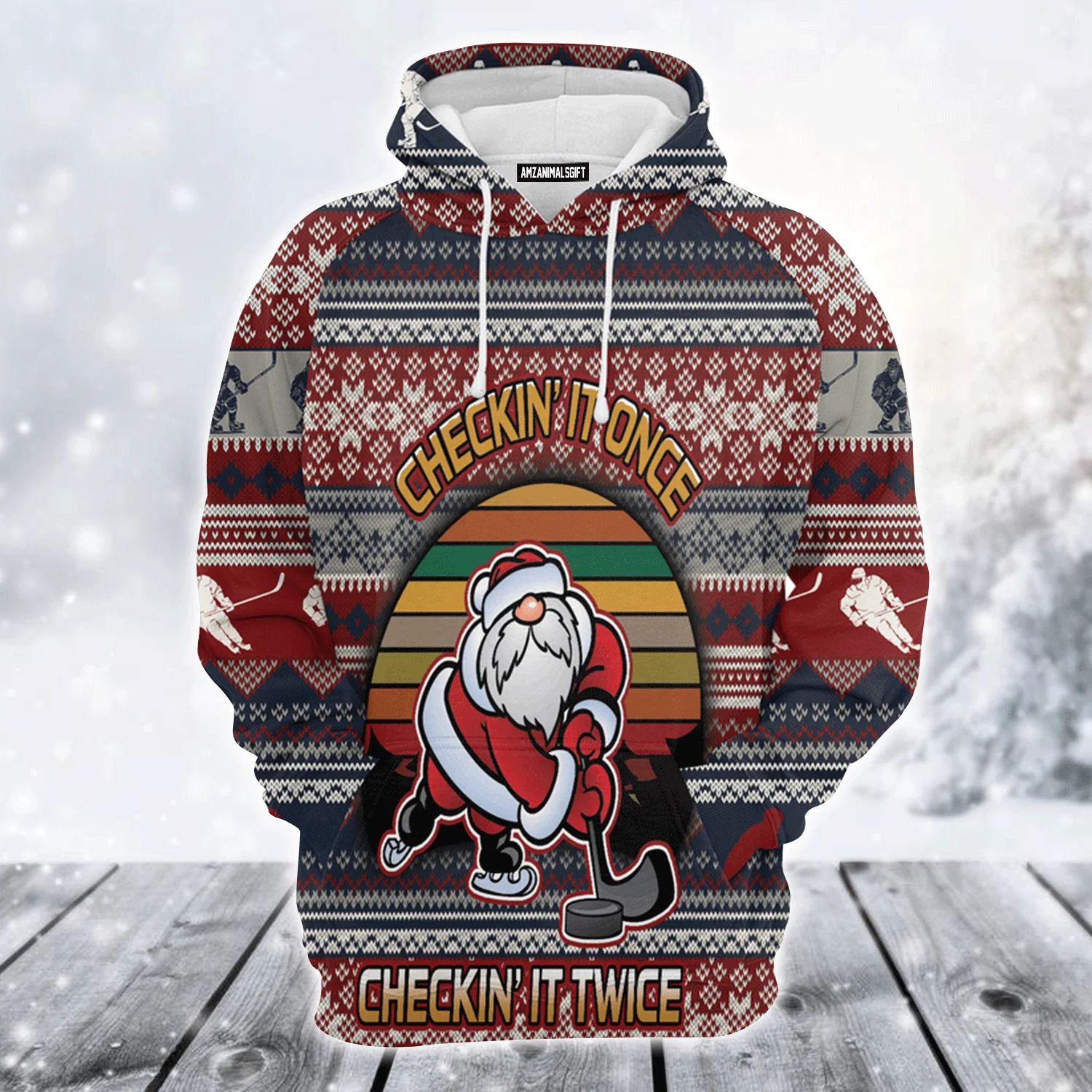 Hockey Premium Christmas Hoodie, Hockey Checking It Once Christmas Unisex Hoodie For Men & Women - Perfect Gift For Christmas, Hockey Lovers - Image 2