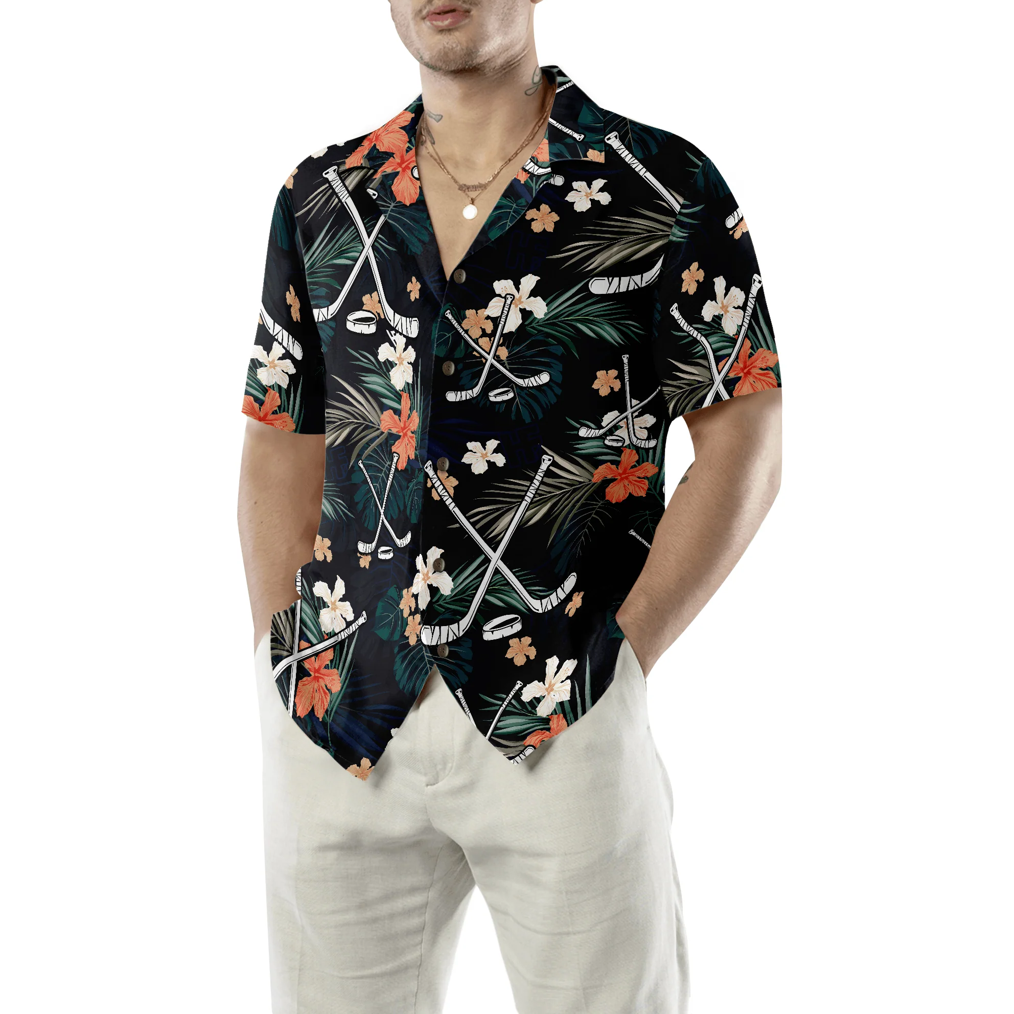 Hockey Tropical Black & Blue Hawaiian Shirt, Colorful Summer Aloha Shirt For Men Women, Perfect Gift For Husband, Wife, Friend, Family - Image 2
