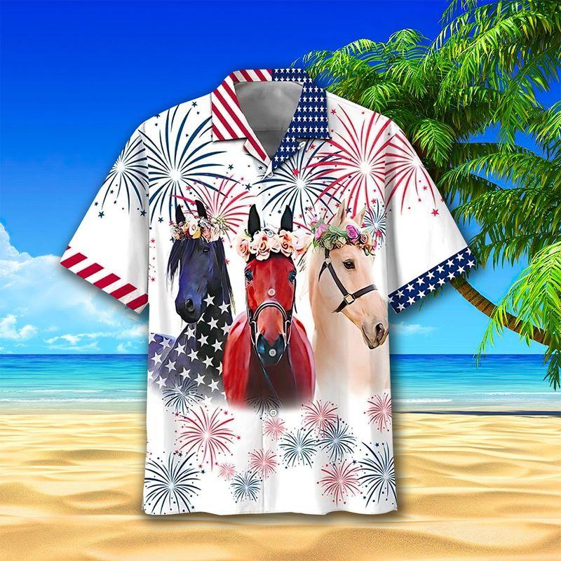 Horse And Flowers Aloha Hawaiian Shirts For Summer, USA Flag Independence Day Fireworks Hawaiian Set For Men Women, Gift For Friend, 4th Of July - Image 2
