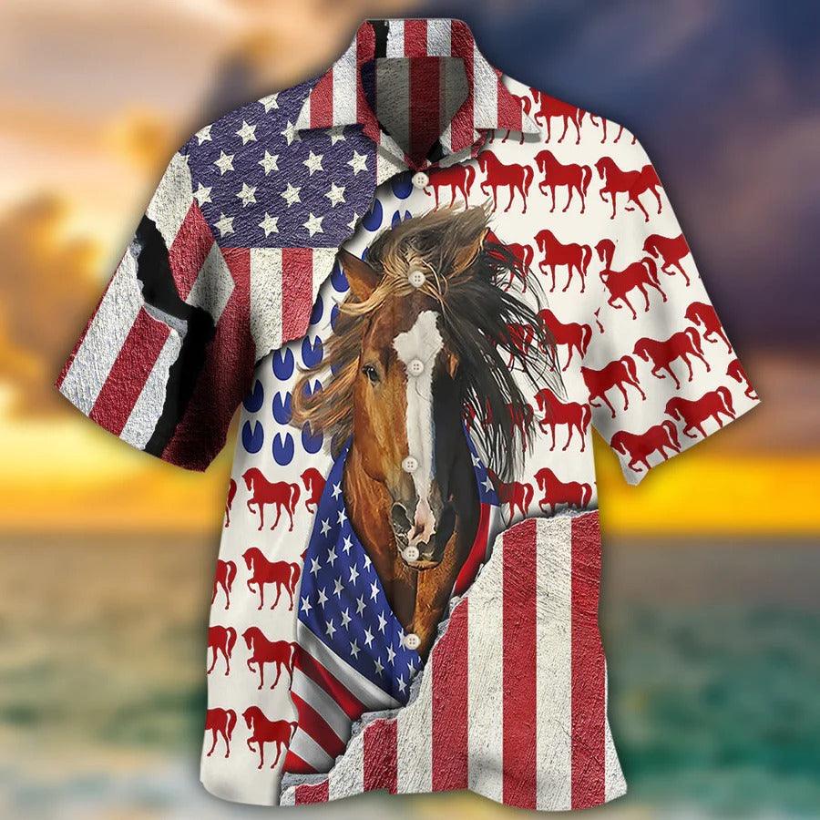 Horse Hawaiian Shirts For Summer - Horse Patriotic Horse Hawaiian Shirt, American Flag Hawaiian Shirt - Perfect Gift For Men, Horse Lovers - Image 2