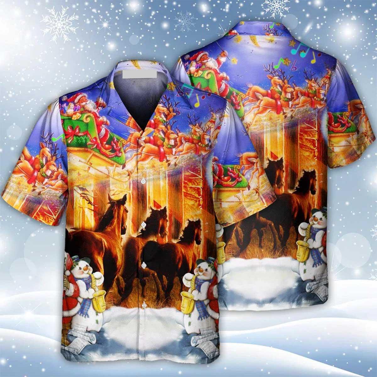 Horse Hawaiian Shirts - Santa Claus Horse Merry Christmas Hawaiian Shirts - Snowman Aloha Shirts  - Perfect Gift For Men, Horse Lovers, Christmas