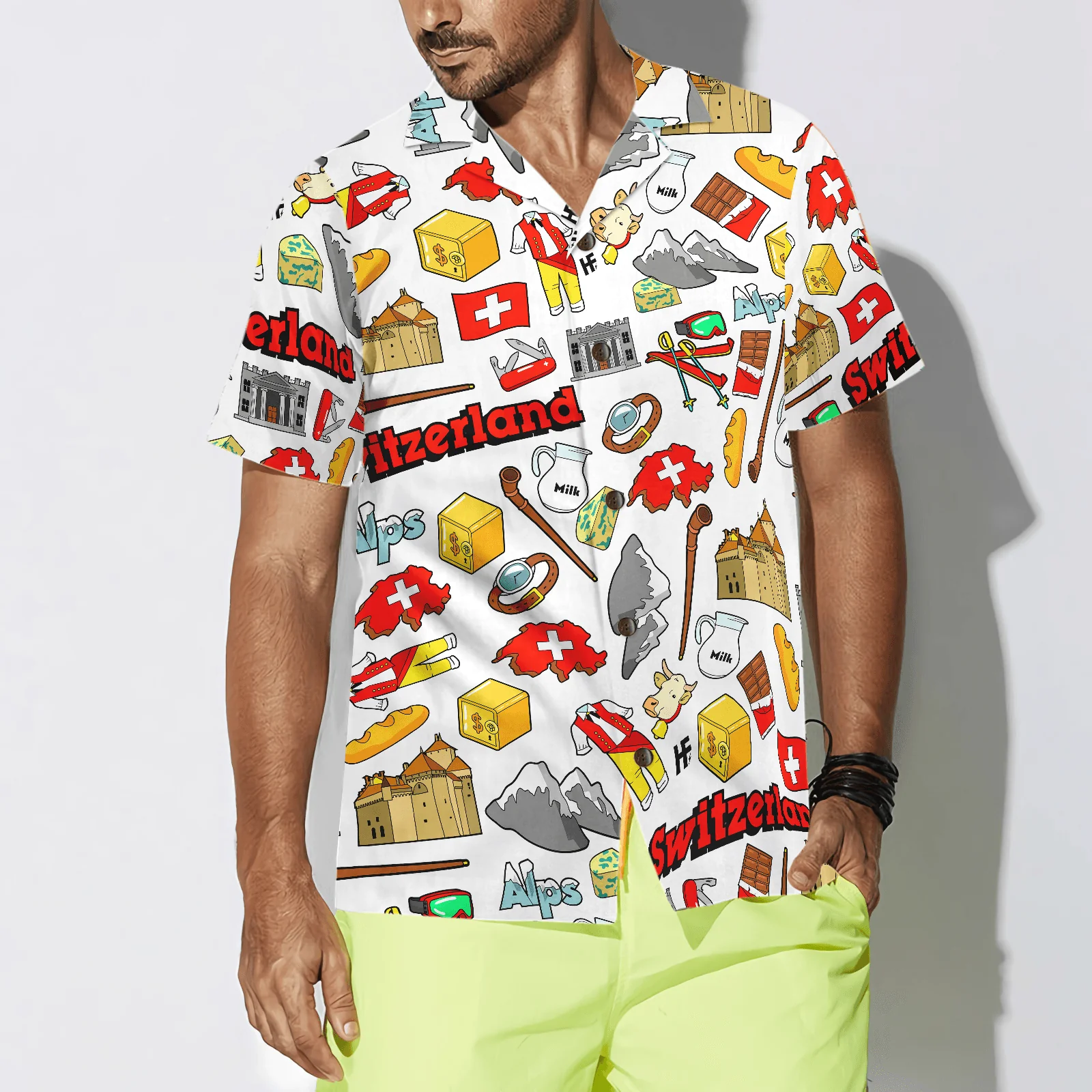I Love Switzerland Doodle Hawaiian Shirt, Colorful Summer Aloha Shirt For Men Women, Perfect Gift For Friend, Team, Family, Switzerland Proud - Image 2