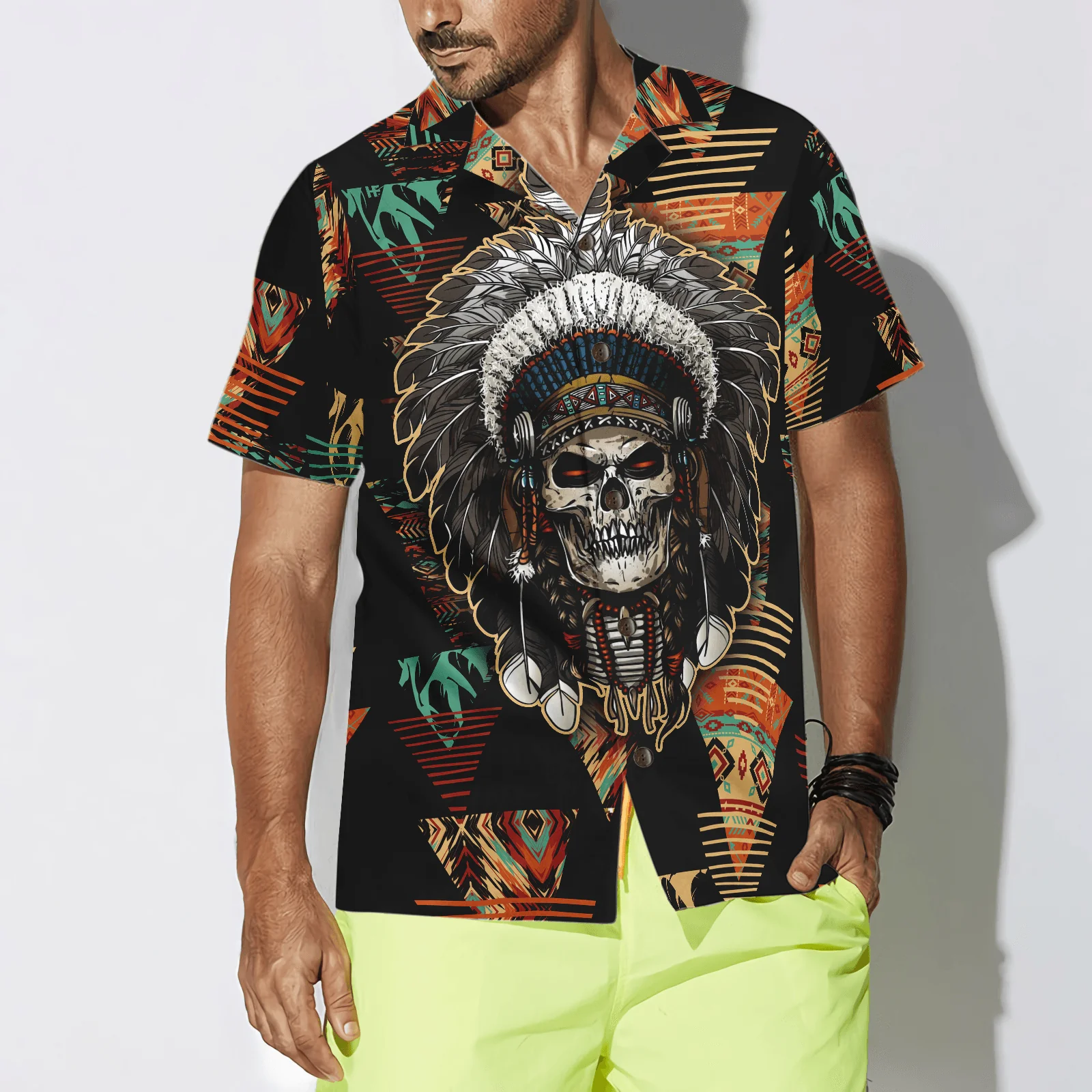 Indian Skull With Tribal Ethnic Pattern Hawaiian Shirt, Colorful Summer Aloha Shirt For Men Women, Gift For Friend, Team - Image 2