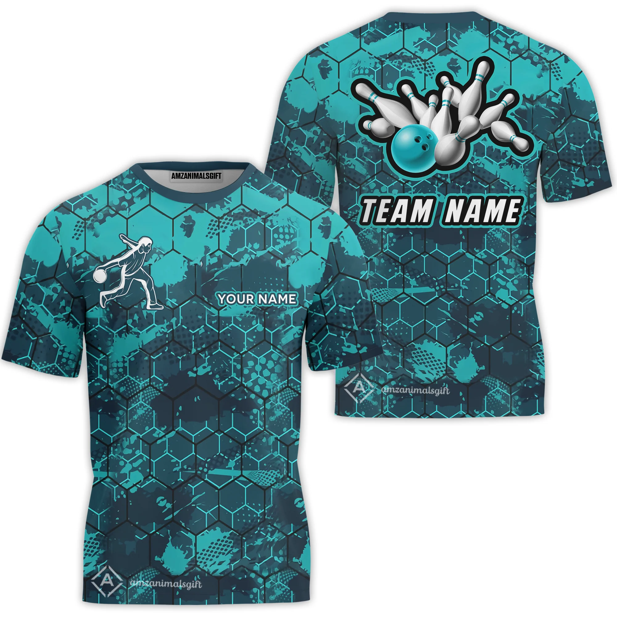 Customized Bowling Polo Shirt, Turquoise And Hexagon Pattern Bowling Polo Shirt, Perfect Outfit For Bowlers - Image 4