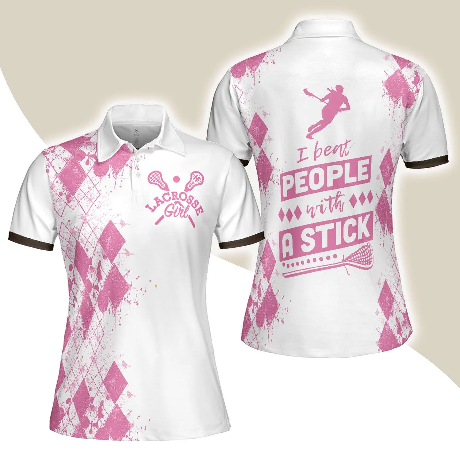 Lacrosse Women Polo Shirt, I Beat People With A Stick Lacrosse Women Polo Shirts, White And Pink Lacrosse Shirt For Ladies, Lacrosse Lovers